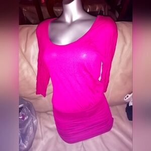 🐘Venus Ruched Skirt Stretch Bodycon 3/4 Sleeve Fuscisa/magenta Women's XS Dress